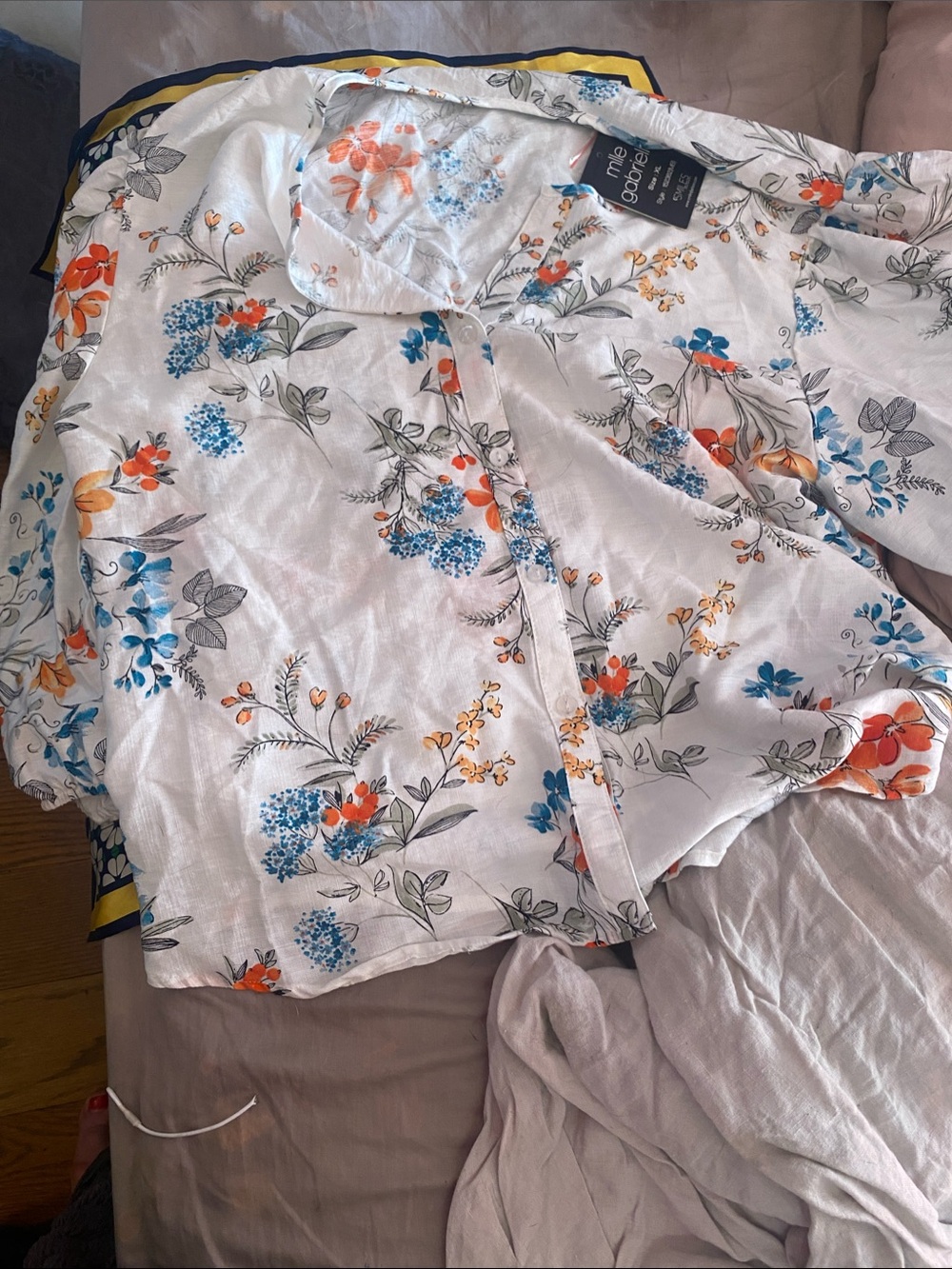 Mlle Gabrielle White Floral Button-Up Blouse with Blue & Orange Accents